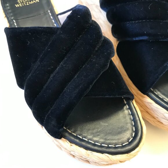 Stuart Weitzman Pufftopraffia Wedge Espadrille Sandals Womens 7 Navy Blue Velvet - Picture 6 of 11